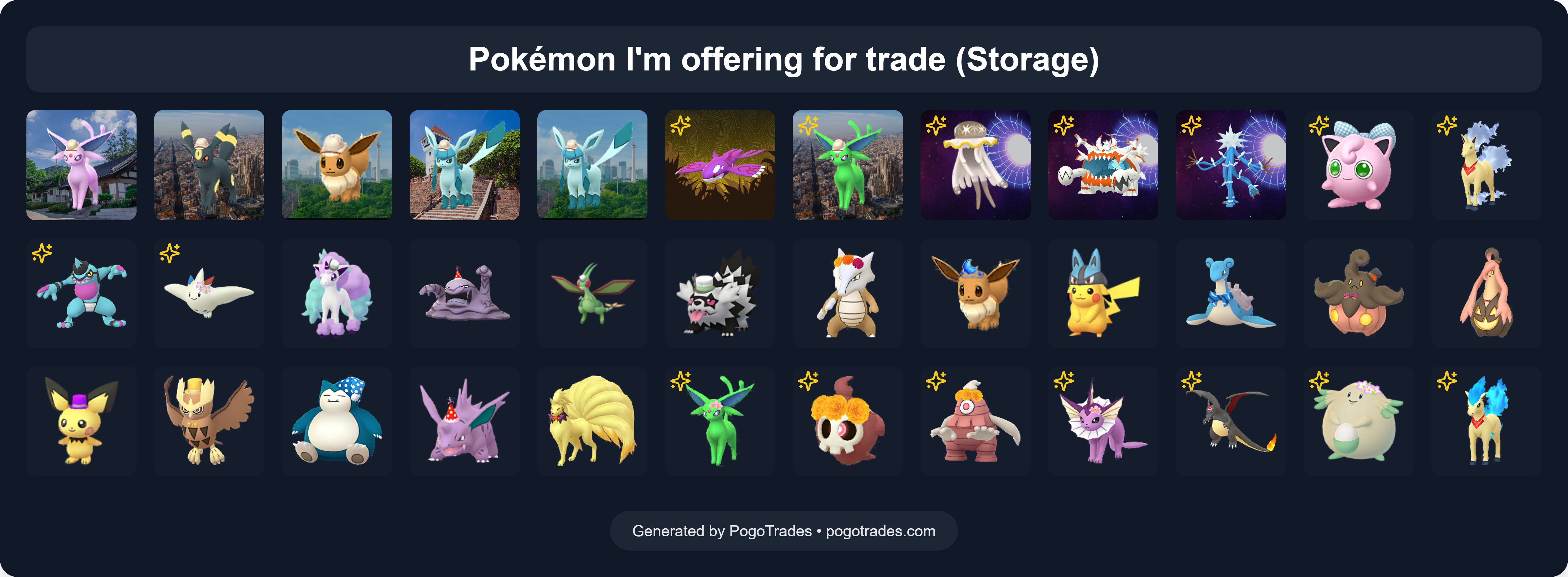 Pokémon GO trade list generator example with Pokémon offered from storage
