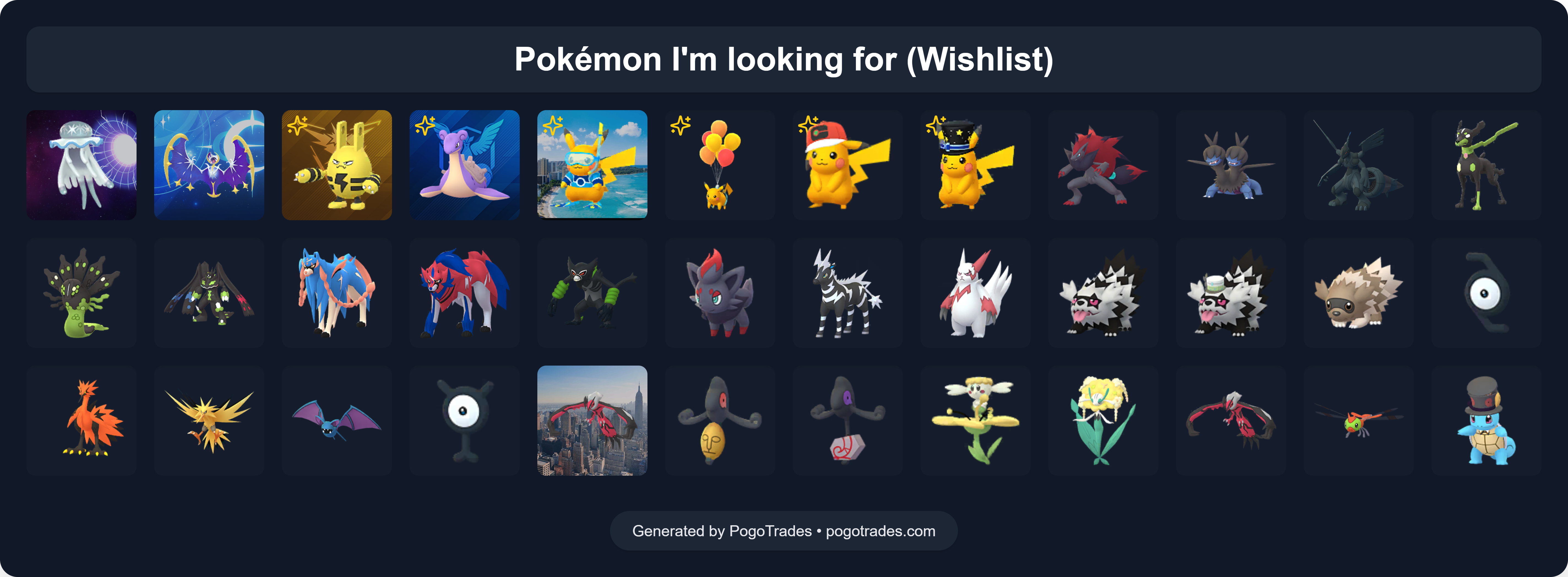 Pokémon GO trade list showing wishlist Pokémon and Pokémon available for trade