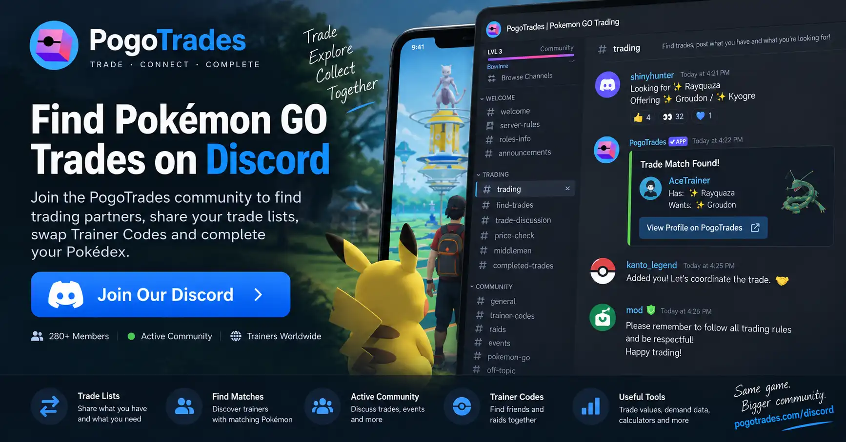 PogoTrades Discord trading channels and Pokemon GO trade matching example